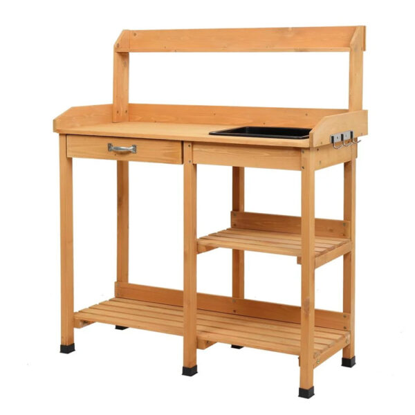 ​​Wooden Garden Potting Bench with Sink, Drawer, and Open Shelves​​