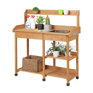 ​​Wooden Garden Potting Bench with Sink, Drawer, and Open Shelves​​