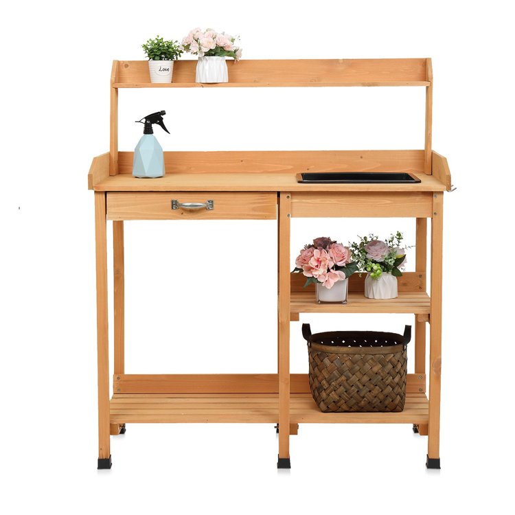 ​​Wooden Garden Potting Bench with Sink, Drawer, and Open Shelves​​