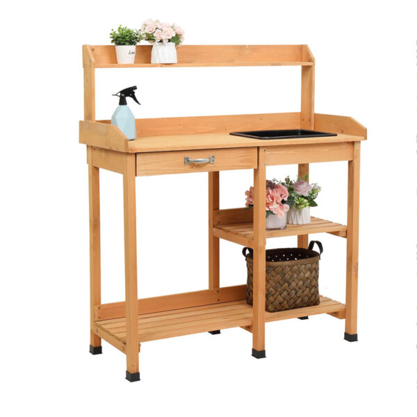 ​​Wooden Garden Potting Bench with Sink, Drawer, and Open Shelves​​