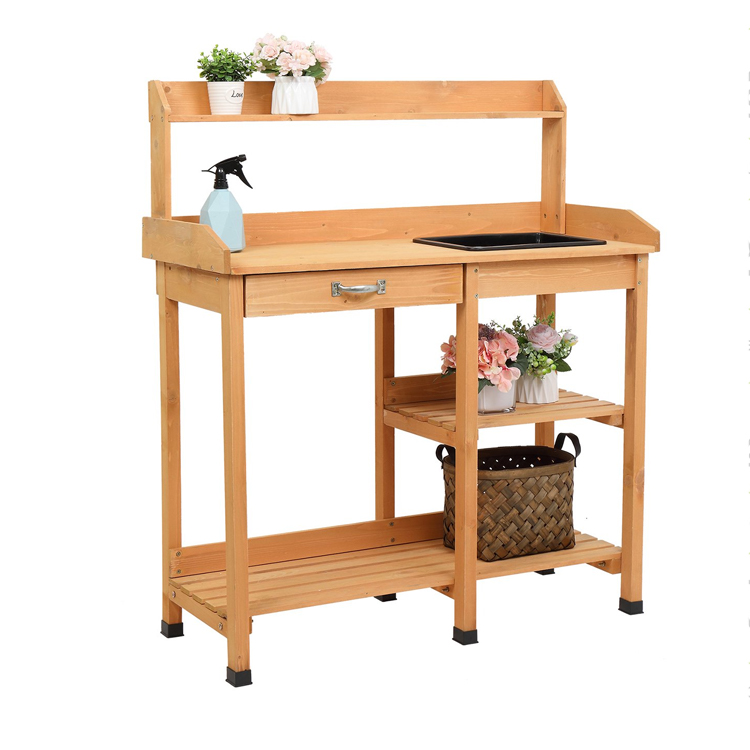 ​​Wooden Garden Potting Bench with Sink, Drawer, and Open Shelves​​