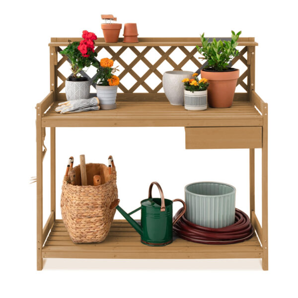 ​​Wooden Garden Potting Bench with Storage Cabinet, Drawer, and Lattice Back​​