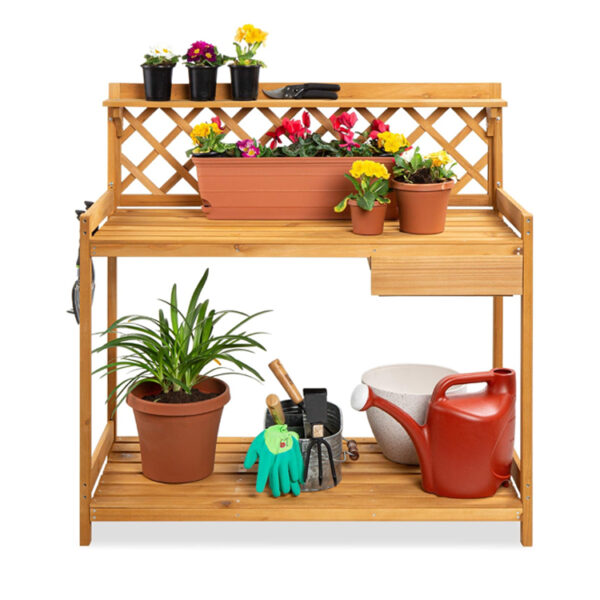 ​​Wooden Garden Potting Bench with Storage Cabinet, Drawer, and Lattice Back​​