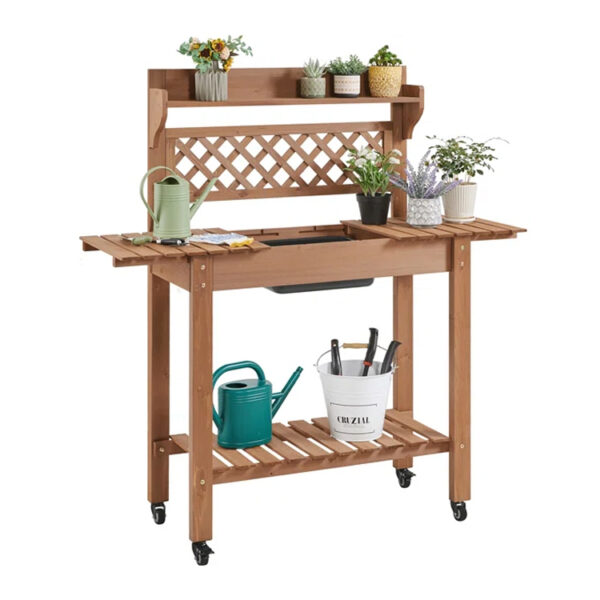 ​​Wooden Potting Bench with Sliding Tabletop, Removable Sink & Storage Shelf​​