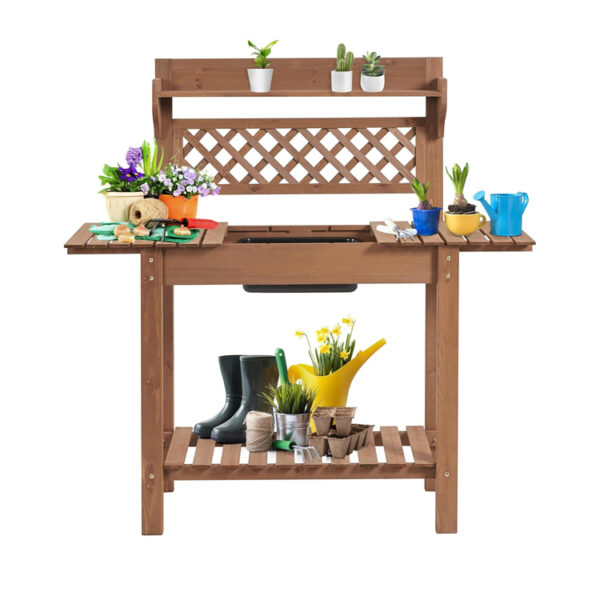 ​​Wooden Potting Bench with Sliding Tabletop, Removable Sink & Storage Shelf​​