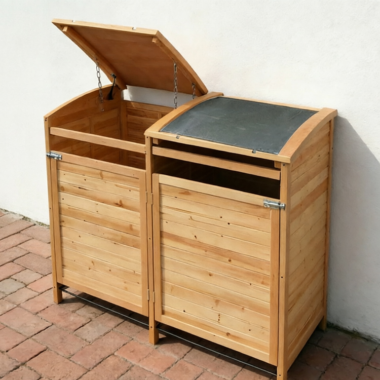 Double Wooden Wheelie Bin Store with Galvanized Steel Lids