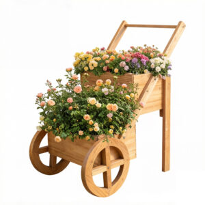 Two-Tier Vertical Wooden Wagon Planter with Functional Wheels