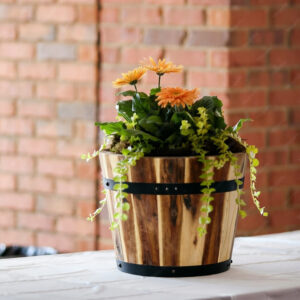 Rustic Acacia Wood Whiskey Barrel Planter with Metal Bands