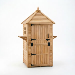 Solid Wood Vertical Garden Tool Shed with Foldable Side Tables and Adjustable Shelving