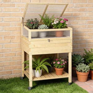 Jardinière surélevée en bois avec serre et roulettes