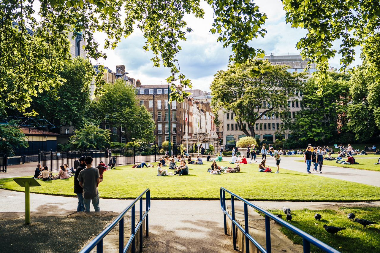 People enjoying leisure time in a lush London park on a sunny day.